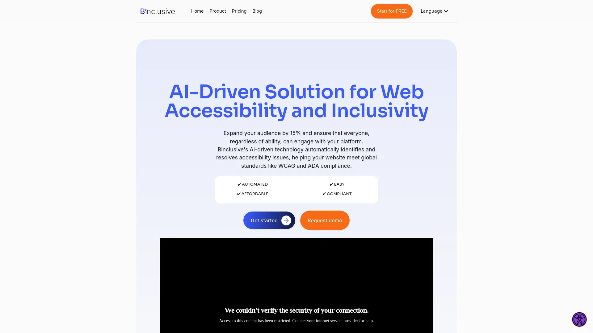 Screenshot of the Binclusive product page