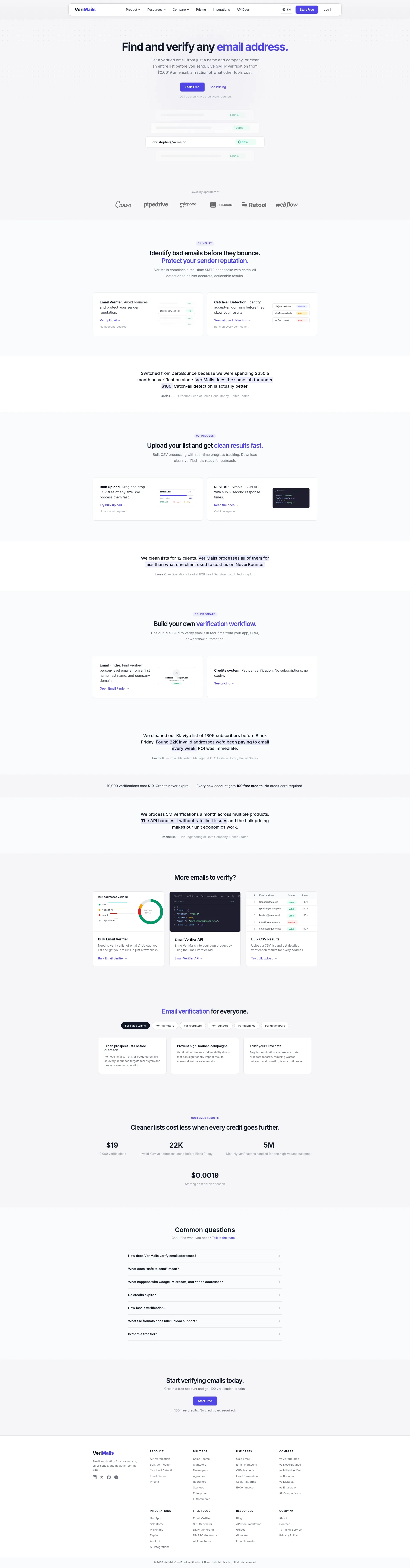 Screenshot of the VeriMails product page